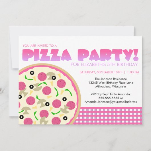 Roze en Paarse uitnodiging van de Pizza Partij (Voorkant)