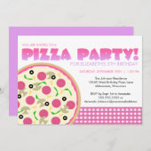 Roze en Paarse uitnodiging van de Pizza Partij (Voorkant / Achterkant)