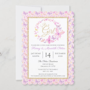 Roze en Paarse Vlinder Meisjes Baby shower Invita Kaart