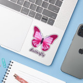 Roze en Paarse vlinder met aangepaste tekst Sticker (Laptop met iPhone)