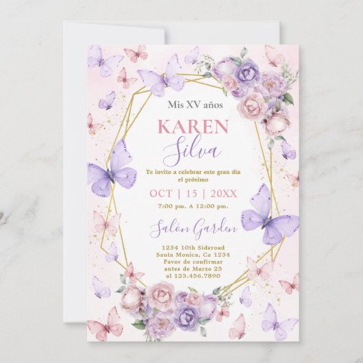 Roze en Paarse Vlinder Quinceañera Uitnodiging (Voorkant)