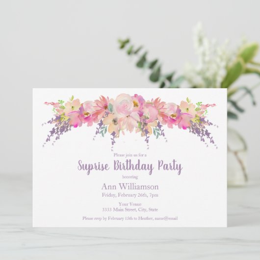 Roze en paarse waterverf bloemengeboorte kaart (Staand voorkant)