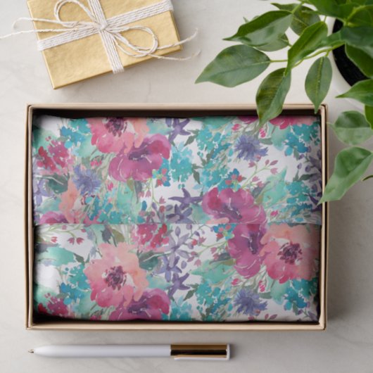 Roze en Paarse Waterverf Bloemenpatroon Tissuepapier (Geschenk)