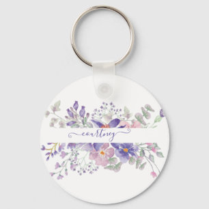 Roze en paarse waterverf bloemstuk gepersonaliseer sleutelhanger
