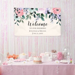 Roze en Paarse Waterverf Floral Border Wedding Spandoek