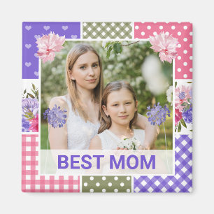 Roze en Paarse Waterverf Floral Patchwork Beste ma Magneet