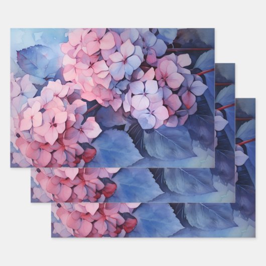 Roze en Paarse Waterverf Hydrangea Decoupage Inpakpapier Vel (Set)