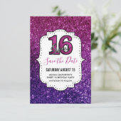 Roze en Paarse zoete 16 Sparkle Glitter Gemstone Save The Date (Staand voorkant)