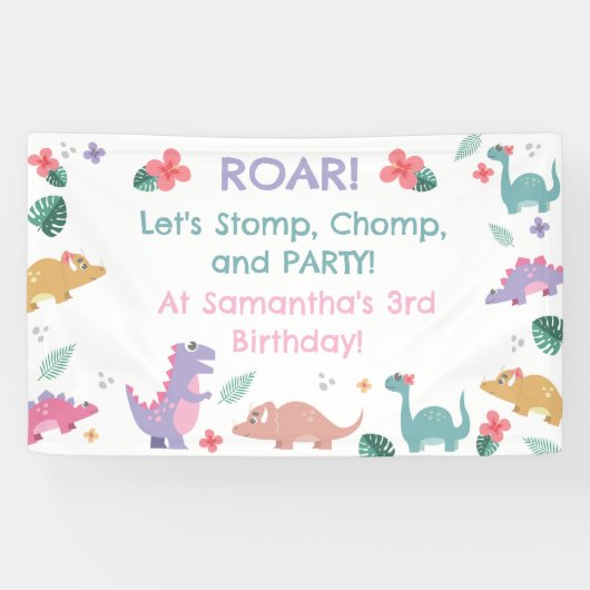 Roze en Pastelkleurig meisje met dinosaurus Spandoek (Horizontaal)