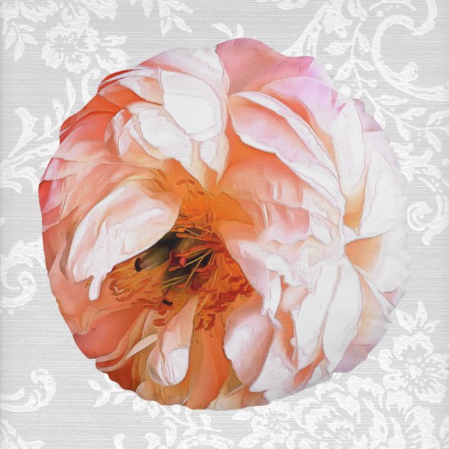 Roze en Peach Peony Up Close en Persoonlijk Rond Kussen (Creator heeft geüpload)