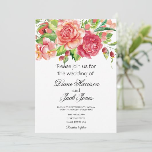 Roze en Perzik Bloemen Bruiloft Uitnodiging (Staand voorkant)