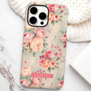 Roze en perzik bloemen met eigen naam iPhone 16 pro max hoesje