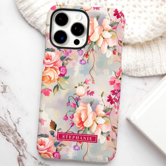 Roze en Perzik Elegante Custom Naam Bloemen Case-Mate iPhone Case