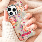 Roze en Perzik Elegante Custom Naam Bloemen Case-Mate iPhone Case