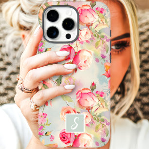 Roze en Perzik Kleurige Bloemige Initiaal iPhone 16 Pro Max Hoesje