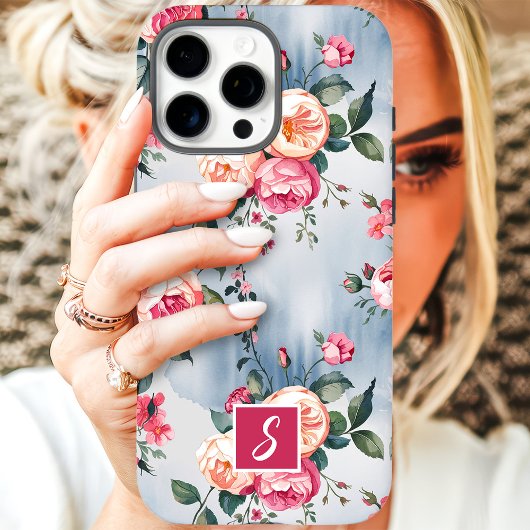 Roze en Perzik Monogram Bloemen Case-Mate iPhone Case