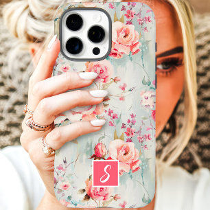 Roze en perzik waterverf bloemenuitmonogram iPhone 16 pro max hoesje