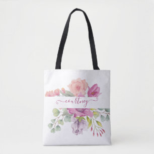 Roze en perzik waterverf bloemstuk gepersonaliseer draagtas