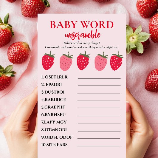 Roze en Rode Aardbei Baby Word Unscramble Game Flyer