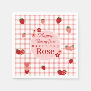 Roze en rode aardbei eerste verjaardag servet