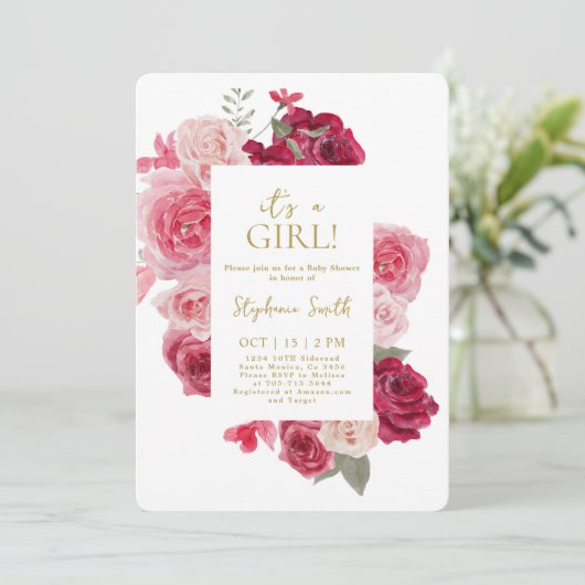 Roze en Rode Bloemen Baby shower Meisje Invitation Kaart (Staand voorkant)