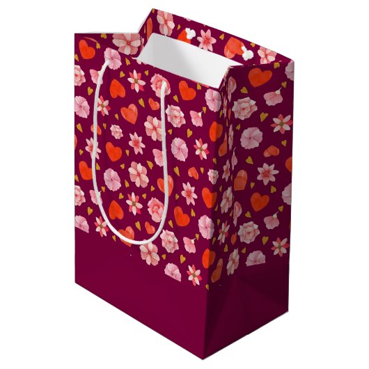 Roze en rode bloemen en harten medium cadeauzakje (Achterkant Gekanteld)