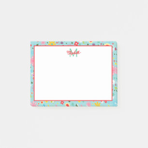 Roze en Rode Bloemen op Blauwgroen Monogram Post-it® Notes