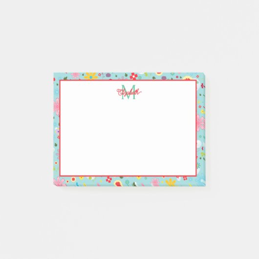 Roze en Rode Bloemen op Blauwgroen Monogram Post-it® Notes (Voorkant)