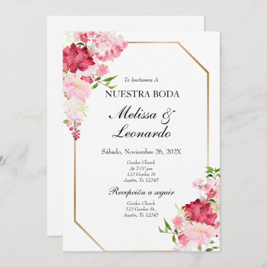 Roze en rode bloemenbruiloft spaans kaart (Voorkant / Achterkant)