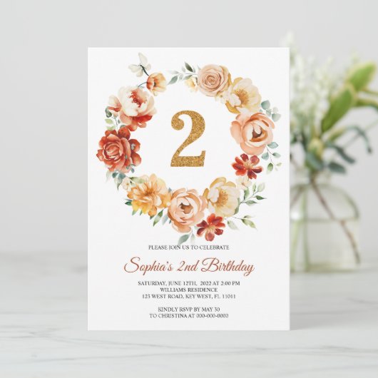 Roze en rode bloemenkrans 2e verjaardag kaart (Staand voorkant)