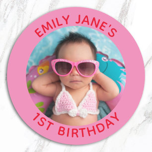 Roze en Rode Familie Foto 1e Verjaardag Favoriet Ronde Sticker
