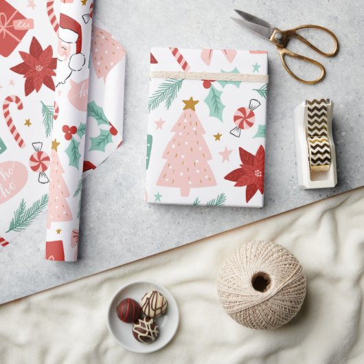 Roze en rode feestdag kerstinslag cadeaupapier (Crafts)