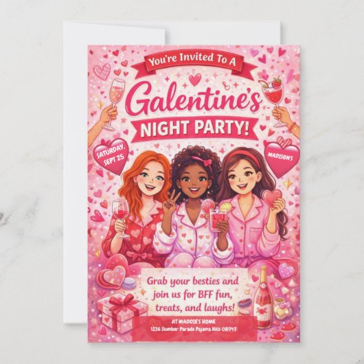 Roze en Rode Galentine's Night Feest Uitnodiging (Voorkant)