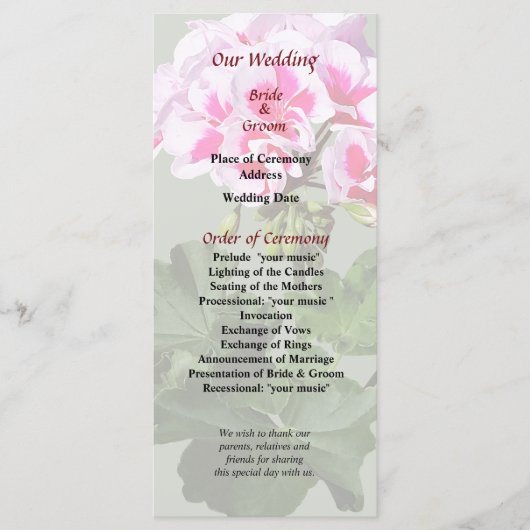 Roze en Rode Geranium Trouwprogramma Programma (Voorkant)