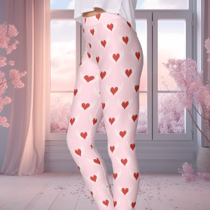 Roze en rode gevleugelde hartpatroon voor Valentij Leggings