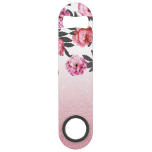 Roze en rode Girly Roos Flowers en Glitter Ombre Speed Flessenopener