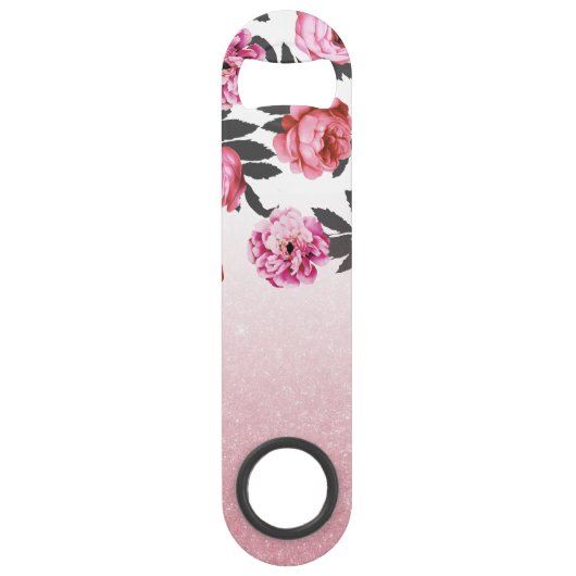 Roze en rode Girly Roos Flowers en Glitter Ombre Speed Flessenopener (Achterkant)