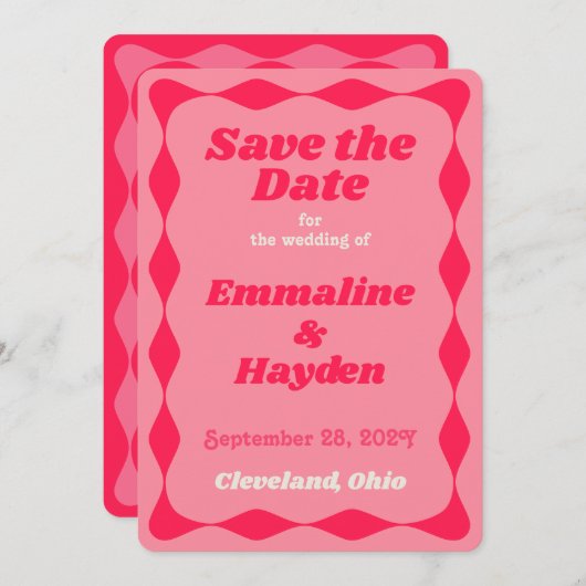 Roze en Rode Groovy Wavy Border Bruiloft Save The Date (Voorkant / Achterkant)