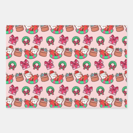 Roze en rode Kawaii Kerstkat Inpakpapier Vel (Voorkant 2)