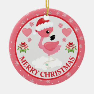 Roze en Rode Kerst Flamingo Winter Keramisch Ornament