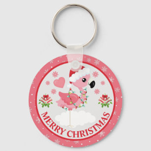 Roze en Rode Kerst Flamingo Winter Sleutelhanger