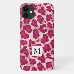 Roze en rode luipaard dierlijke print en monogram iPhone 11 hoesje