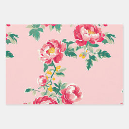 Roze en rode pioenroos Chinoiserie Floral Inpakpapier Vel