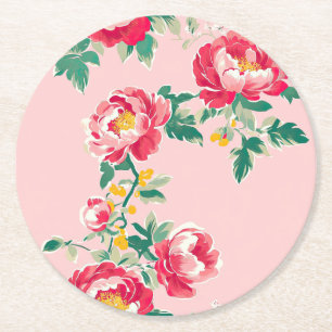 Roze en rode pioenroos Chinoiserie Floral Ronde Kartonnen Onderzetter