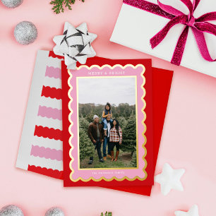 Roze en Rode Preppy Scallop Foto Lijst Folie Feestdagenkaart