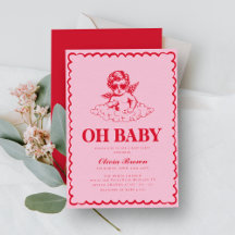 Roze en rode Retro Cherub Baby shower