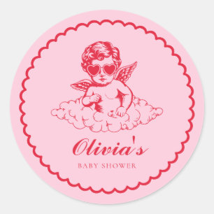 Roze en Rode Retro Cherub Baby Shower Ronde Sticker