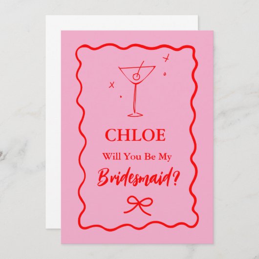 Roze en rode retro golvende bruidsmeisje voorstel kaart (Voorkant / Achterkant)