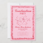 Roze en rode retro hand getrokken afstudeerfeest kaart (Voorkant)