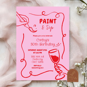 Roze en Rode Retro Paint en Sip Verjaardag Kaart